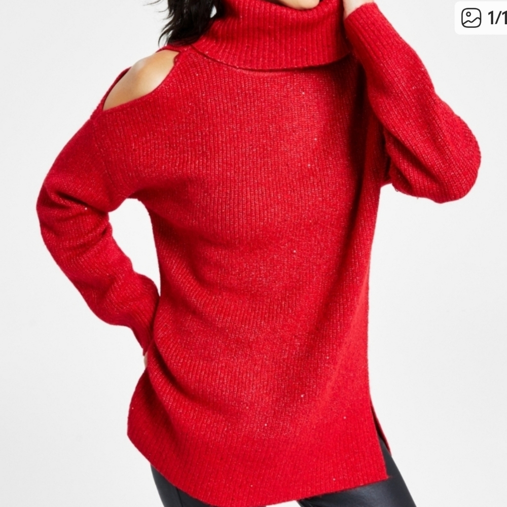 NWT INC Red Metallic Cold Shoulder Cowl Neck Sparkle Sweater XXL